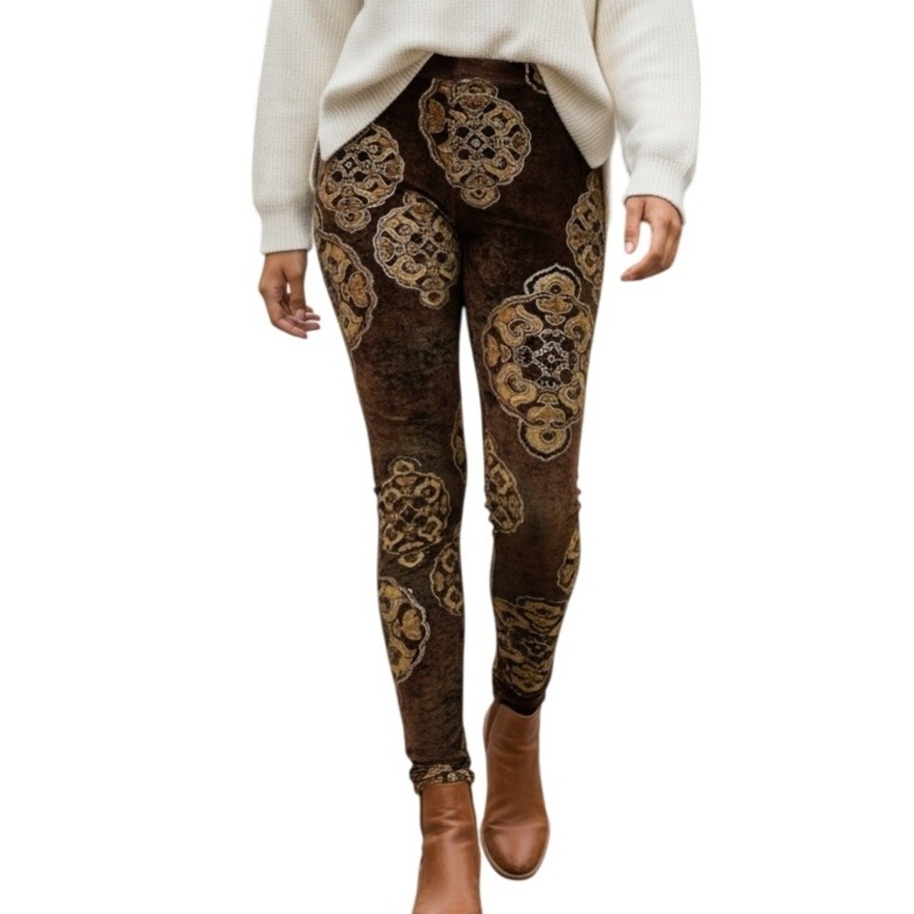 JONATHAN ASTON Copper Gold Foil Leaf Print Ankle Legging Pant EUC XS